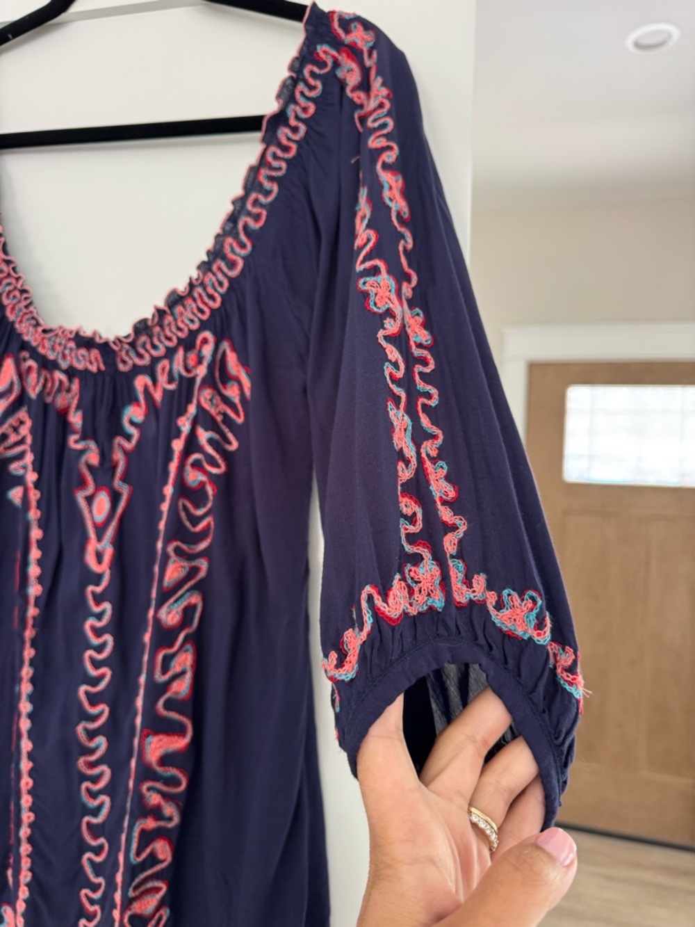 Poupette St Barth Navy Embroidered Peasant Blouse Boho Resort Top Medium - Picture 3 of 4